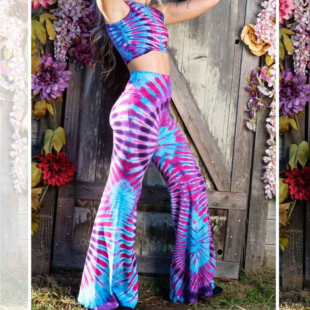 Warrior Within Designs tie dye outfit. Crop top and high waisted bell bottoms